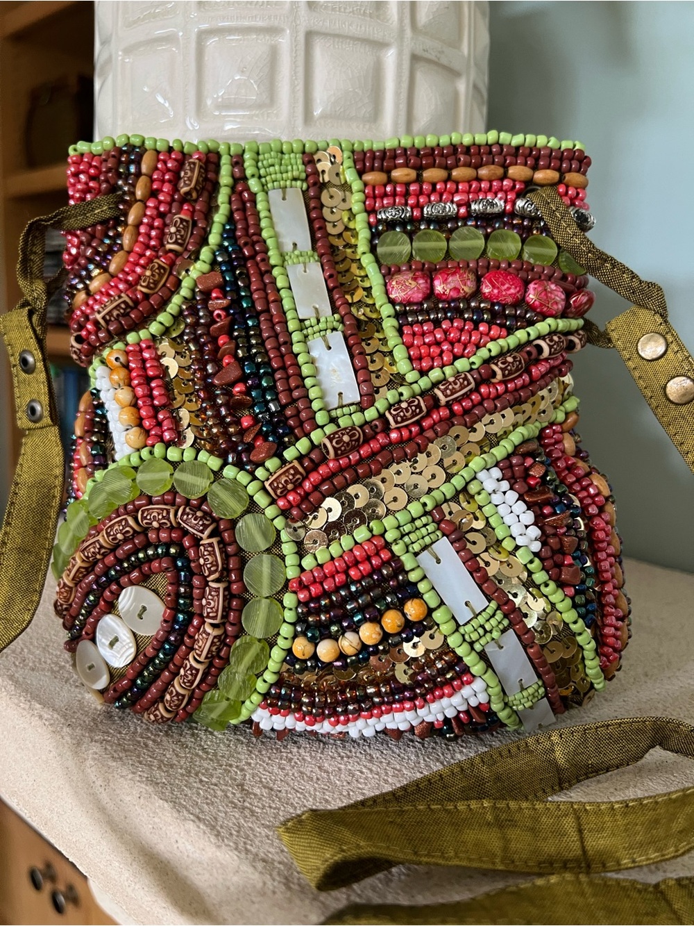 Vintage Maximalist Beaded Shell Mosaic Flat Pouchette Bag Raw Silk Texture